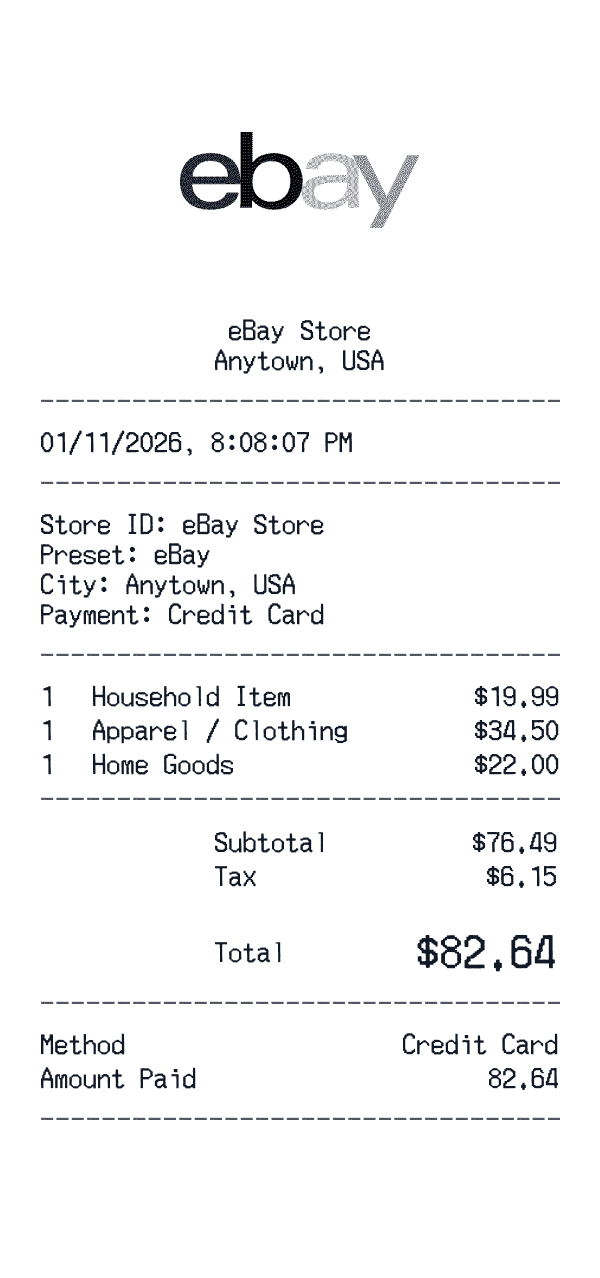 eBay receipt preview