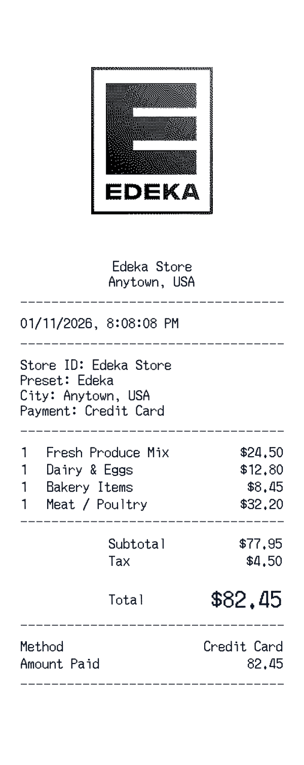 Edeka receipt template example - grocery receipt with itemized details, prices, and payment information