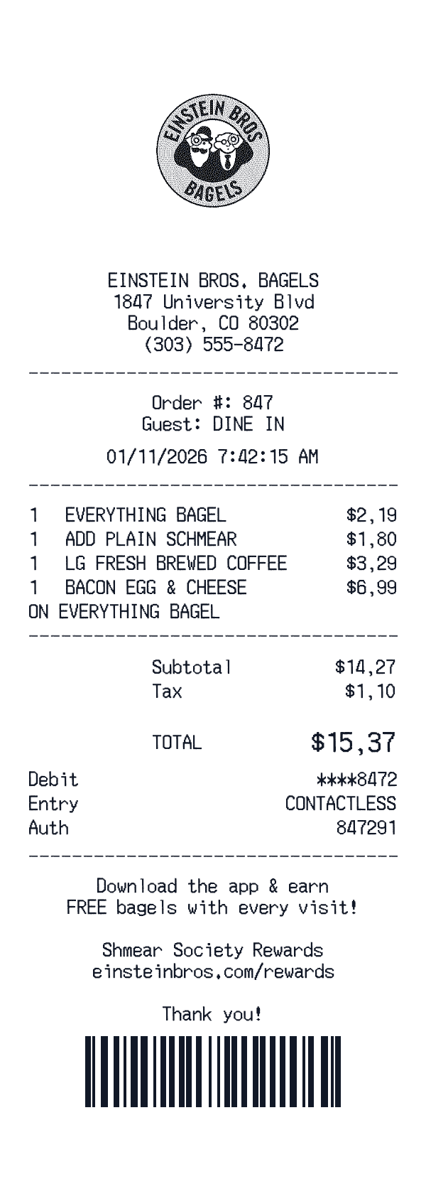 Einstein Bros. Bagels receipt template example