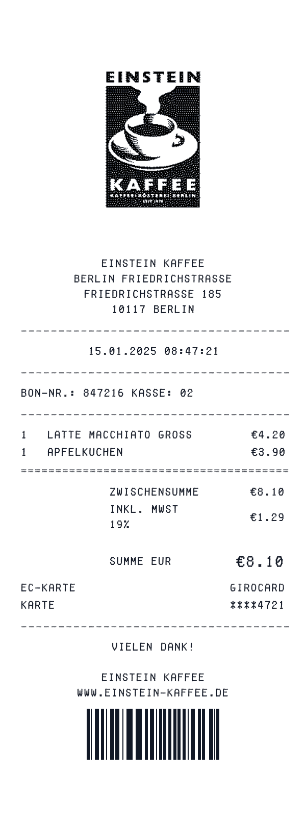 Einstein Kaffee receipt preview