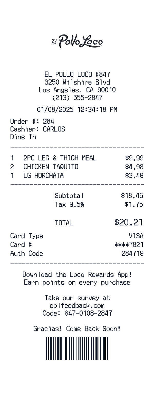 El Pollo Loco receipt preview