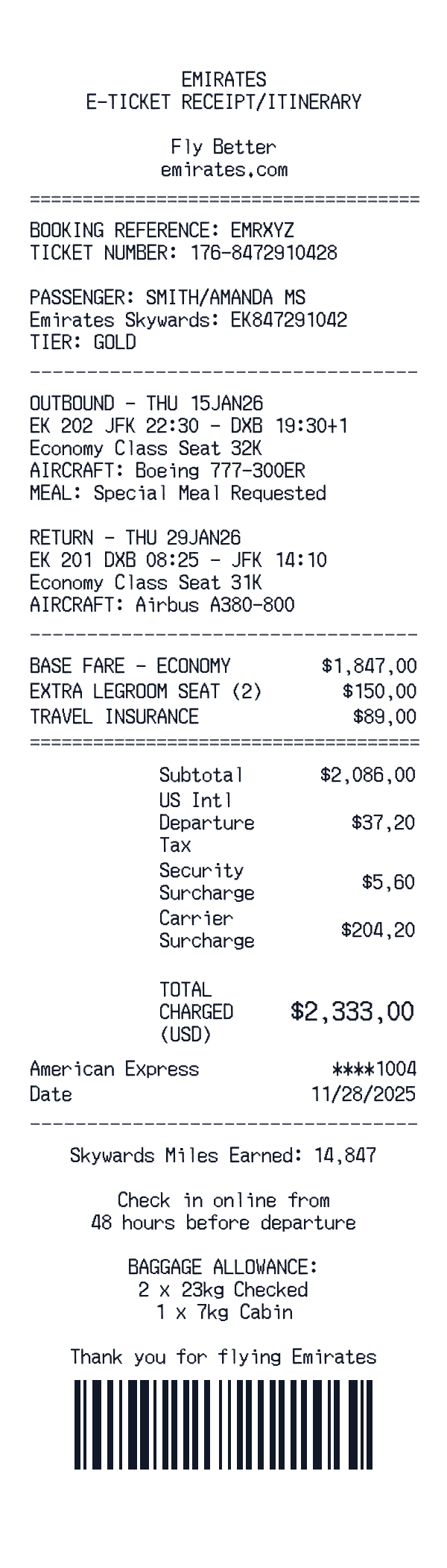Emirates receipt template example