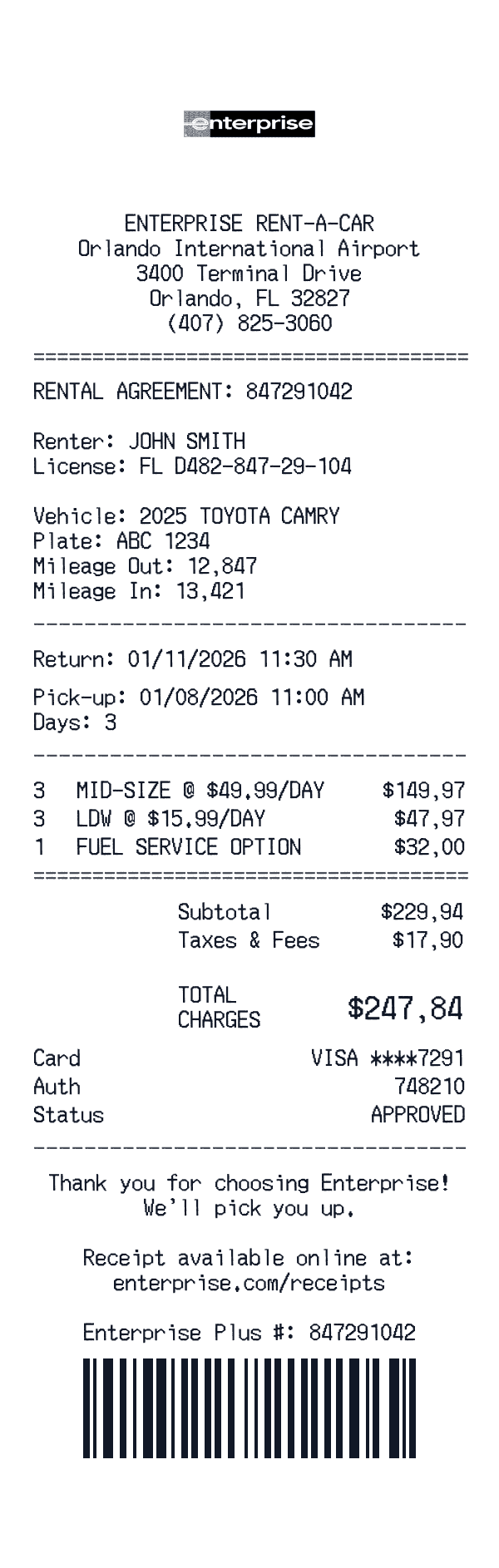 Enterprise Rent-A-Car receipt template example