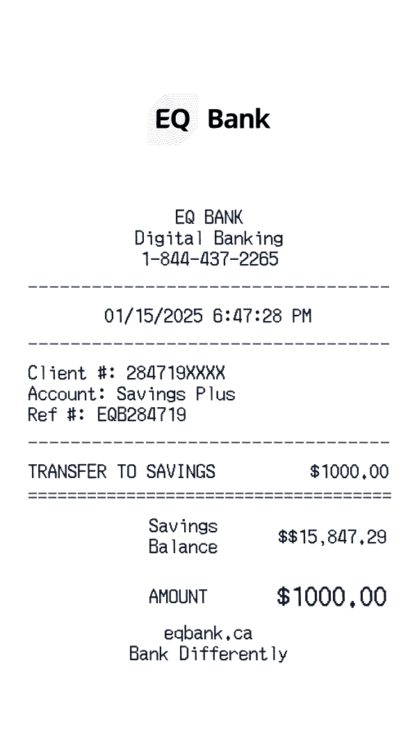 EQ Bank receipt template example - other receipt with itemized details, prices, and payment information