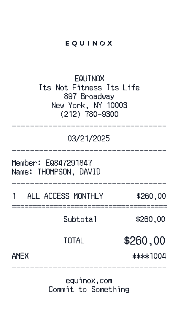 Equinox receipt template example