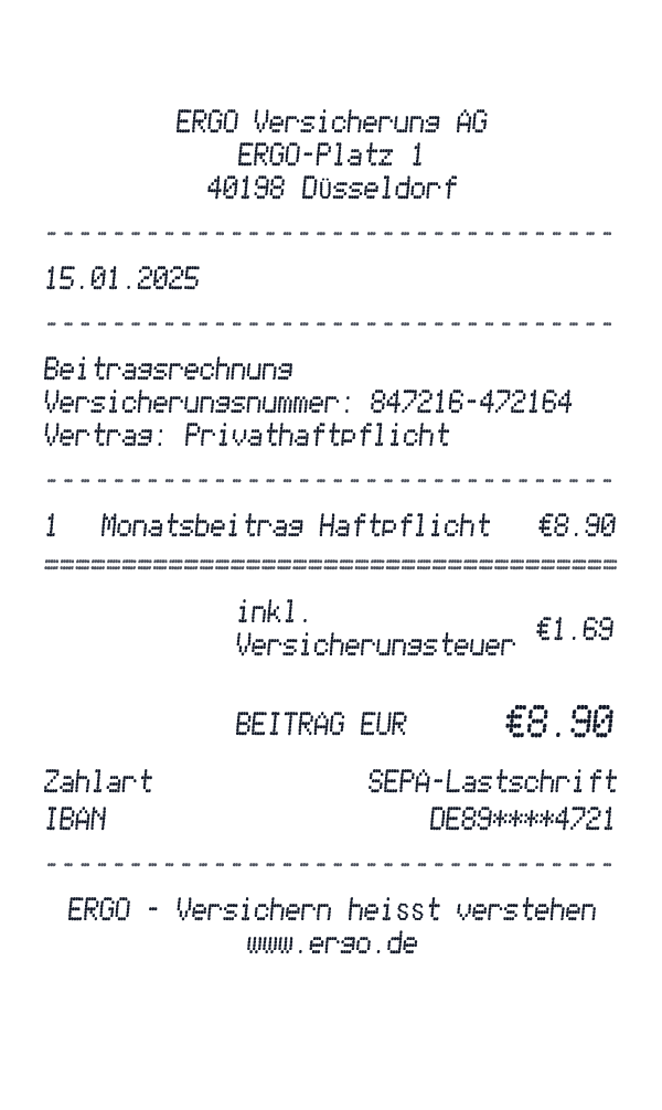 ERGO receipt template example - insurance receipt with itemized details, prices, and payment information