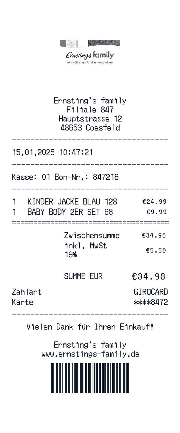 Ernsting's family receipt template example - clothing receipt with itemized details, prices, and payment information