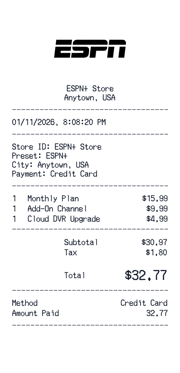 ESPN+ receipt template example - streaming receipt with itemized details, prices, and payment information