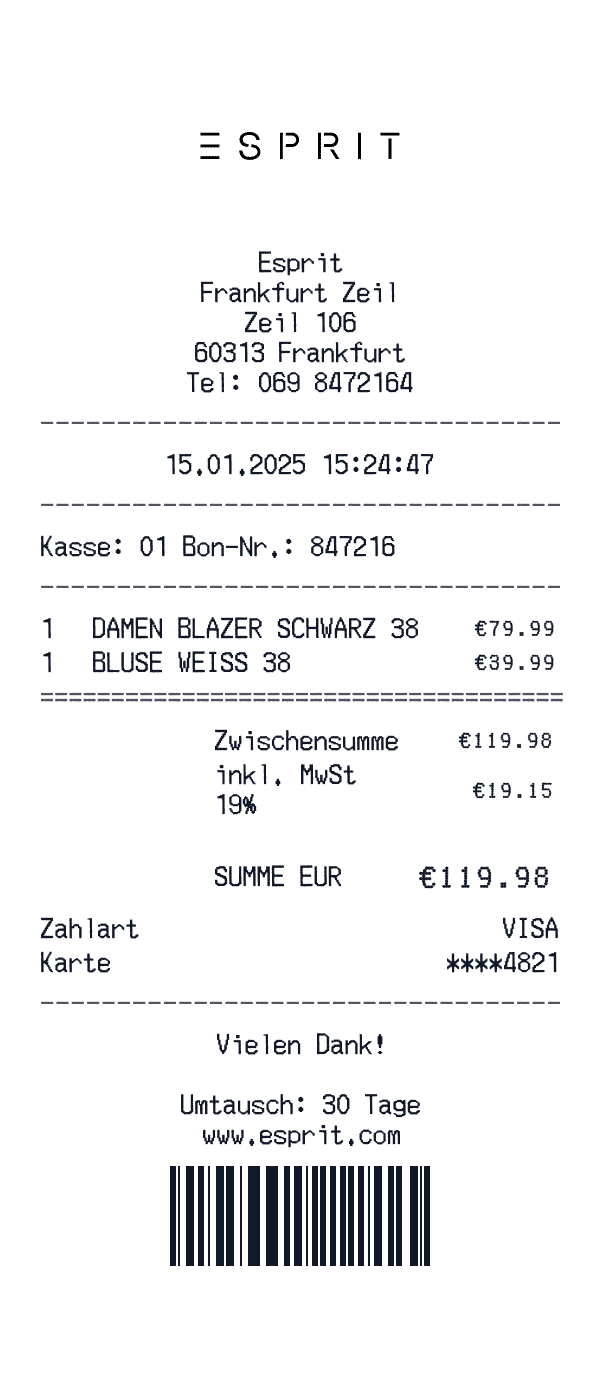 Esprit receipt template example - clothing receipt with itemized details, prices, and payment information