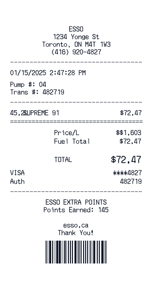 Esso Canada receipt template example - gas station receipt with itemized details, prices, and payment information
