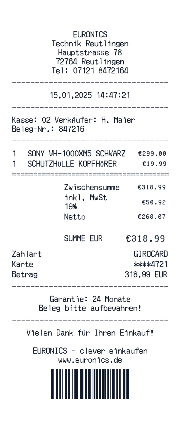 EURONICS receipt template example - electronics receipt with itemized details, prices, and payment information