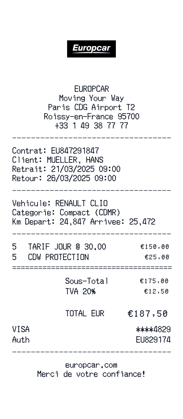 Europcar receipt template example
