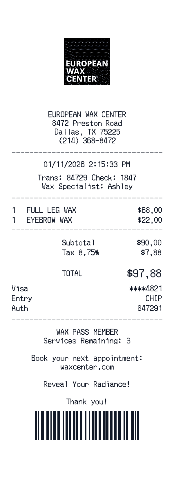 European Wax Center receipt template example