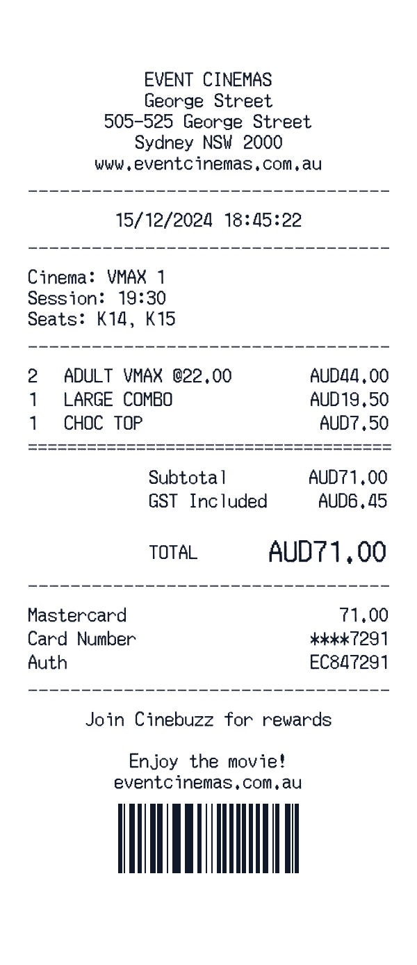 Event Cinemas receipt template example - entertainment receipt with itemized details, prices, and payment information