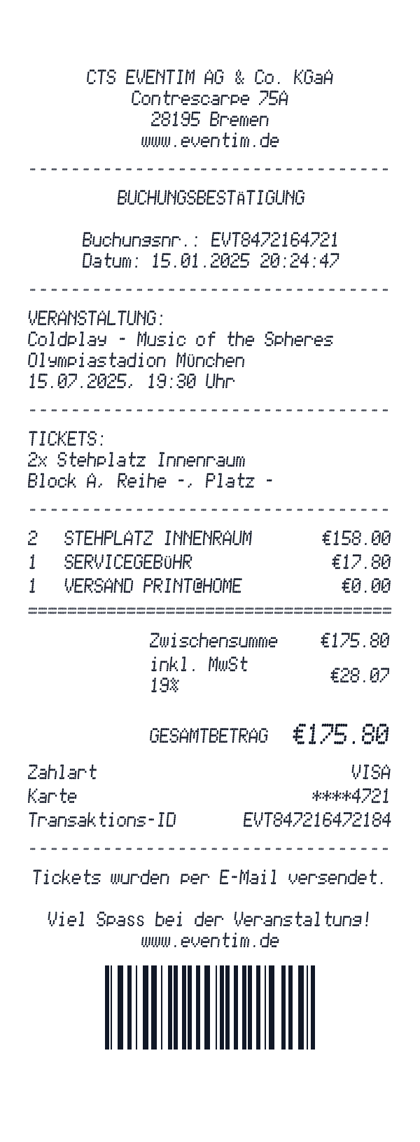 Eventim receipt template example - entertainment receipt with itemized details, prices, and payment information