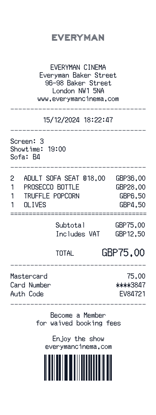 Everyman Cinema receipt template example - entertainment receipt with itemized details, prices, and payment information