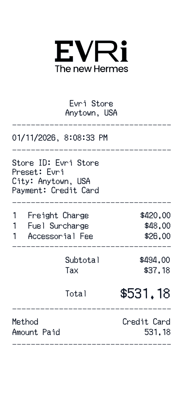 Evri receipt template example - logistics / shipping receipt with itemized details, prices, and payment information
