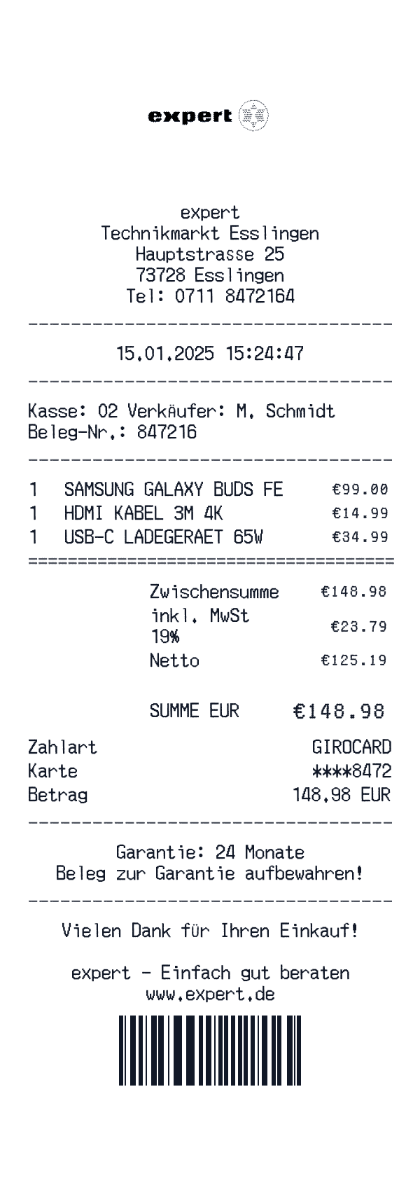 expert receipt template example - electronics receipt with itemized details, prices, and payment information