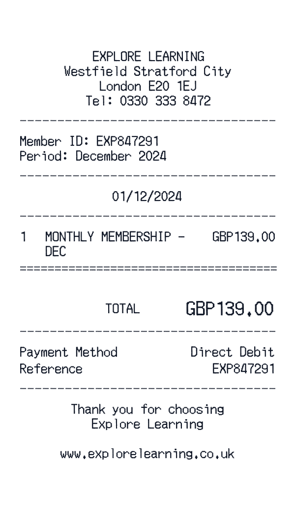 Explore Learning receipt template example - education receipt with itemized details, prices, and payment information