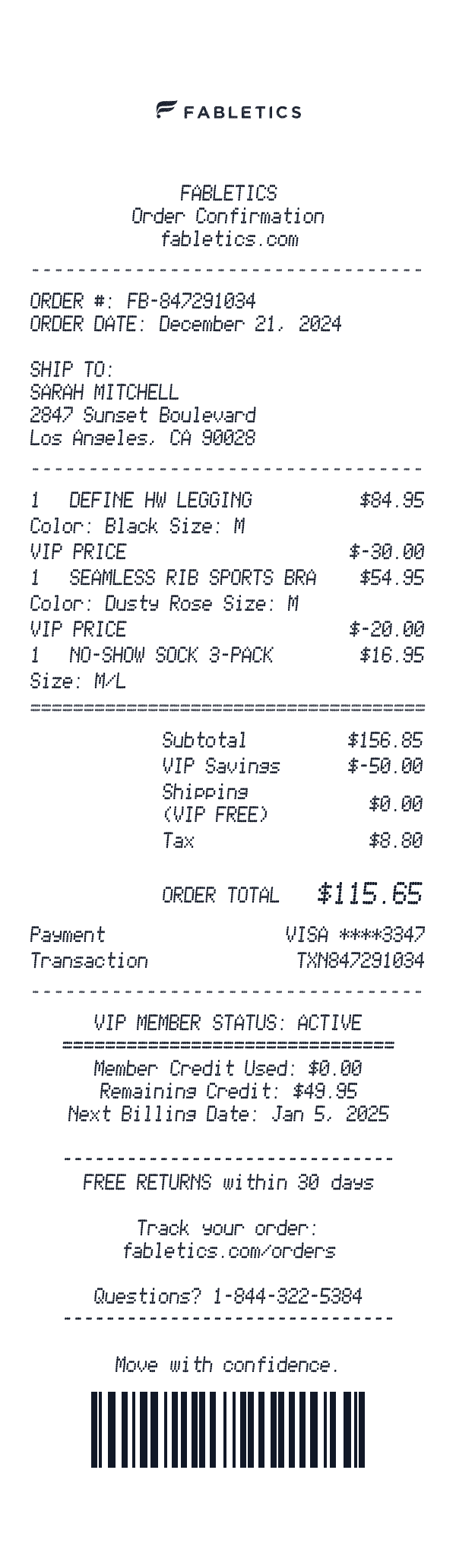 Fabletics receipt template example - clothing receipt with itemized details, prices, and payment information