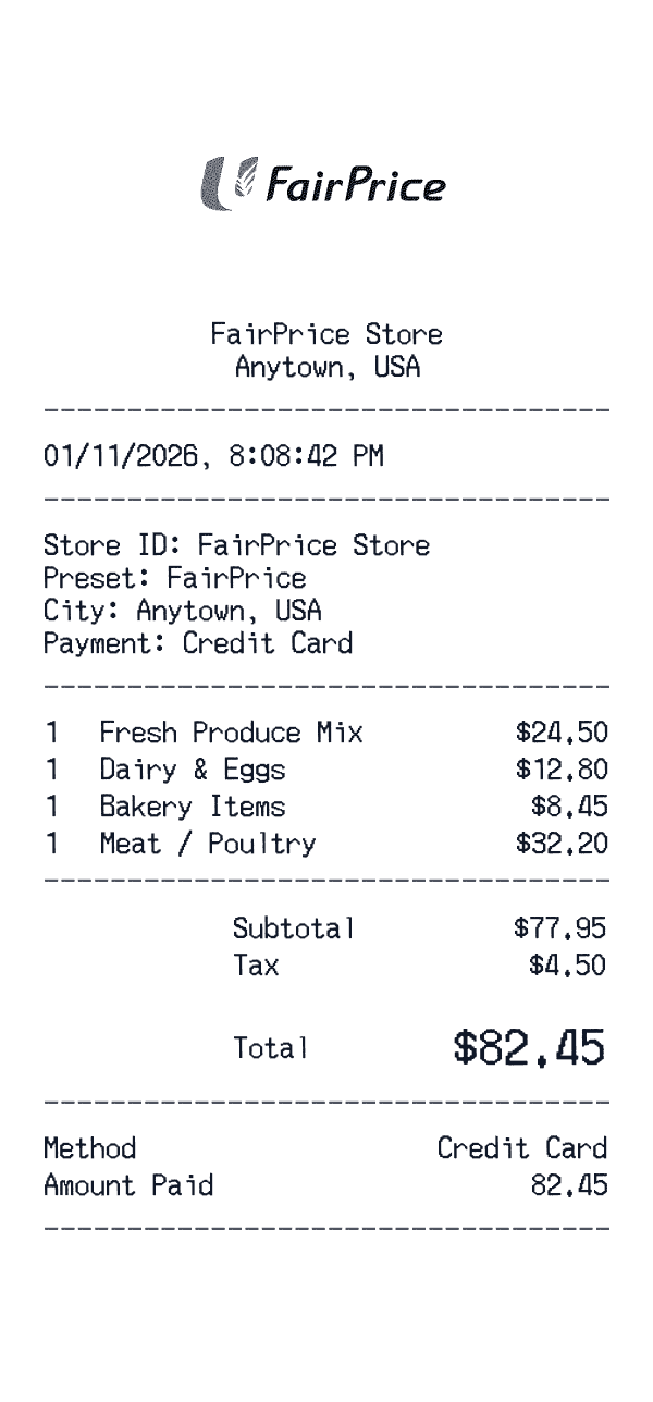 FairPrice receipt template example - grocery receipt with itemized details, prices, and payment information