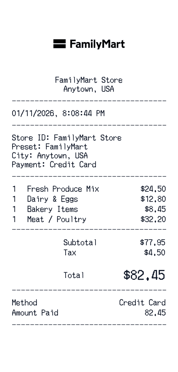FamilyMart receipt template example - grocery receipt with itemized details, prices, and payment information