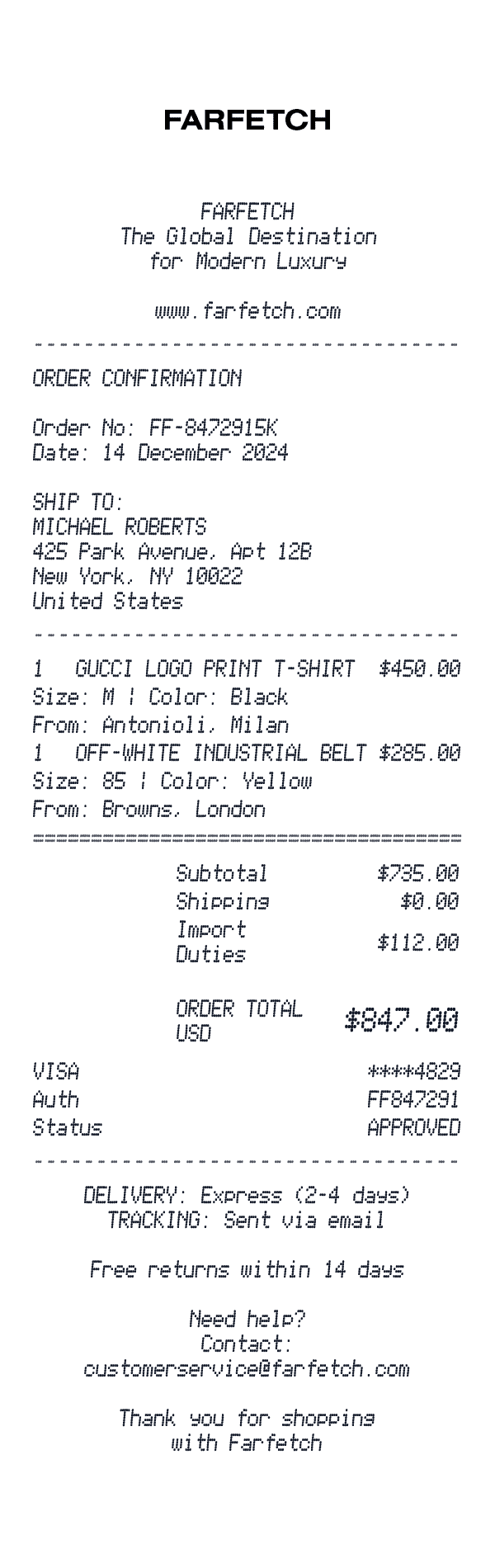 Farfetch receipt template example - clothing receipt with itemized details, prices, and payment information