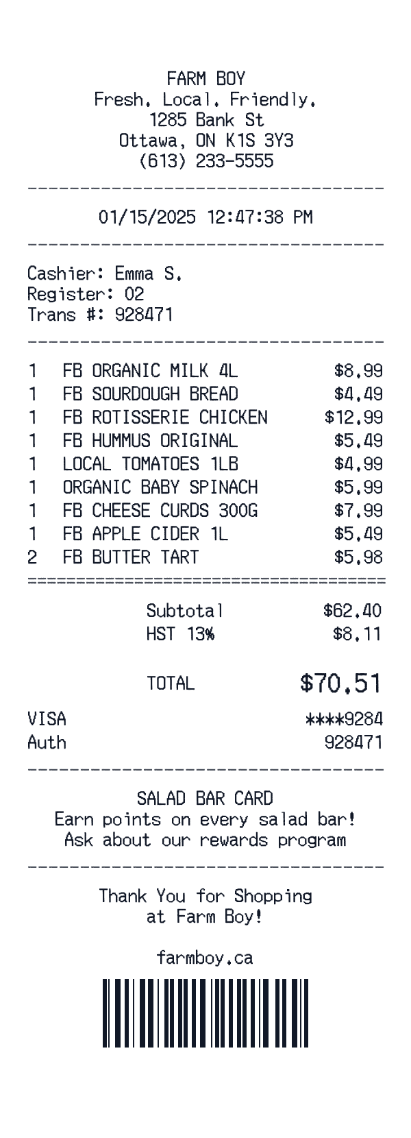 Farm Boy receipt template example - grocery receipt with itemized details, prices, and payment information