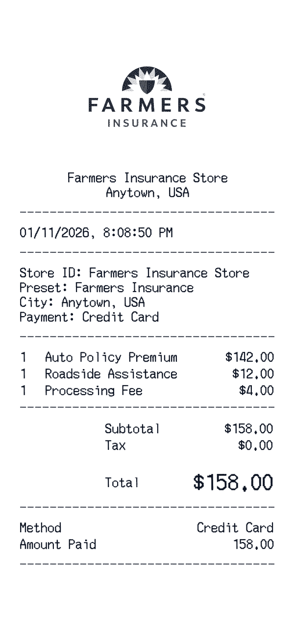 Farmers Insurance receipt preview