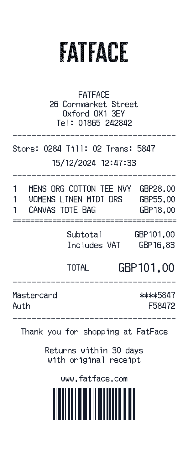FatFace receipt preview