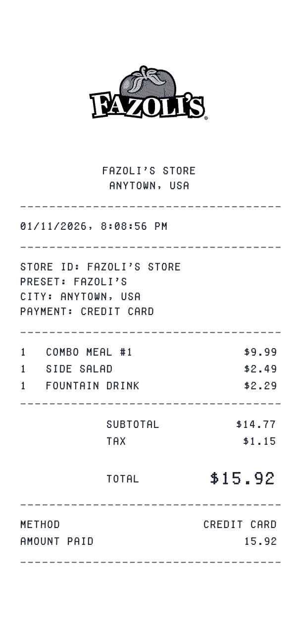 Fazoli's receipt preview