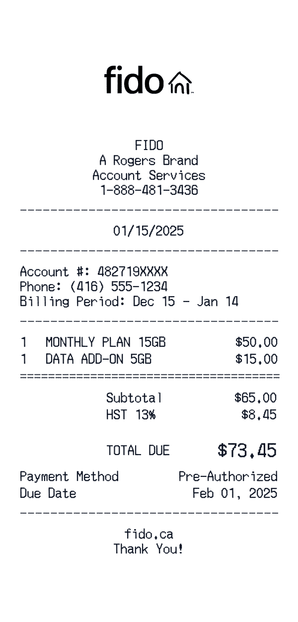 Fido receipt template example - other receipt with itemized details, prices, and payment information