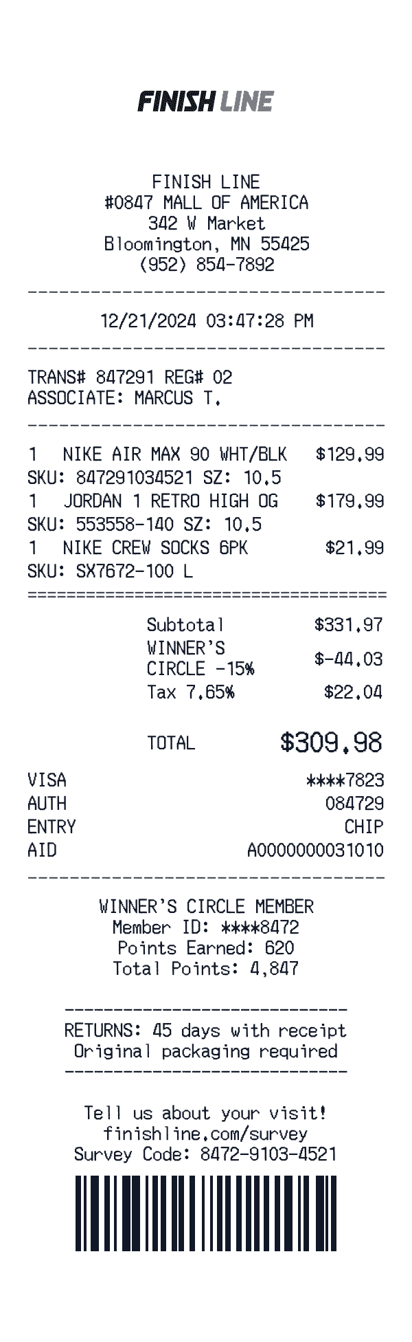 Finish Line receipt preview
