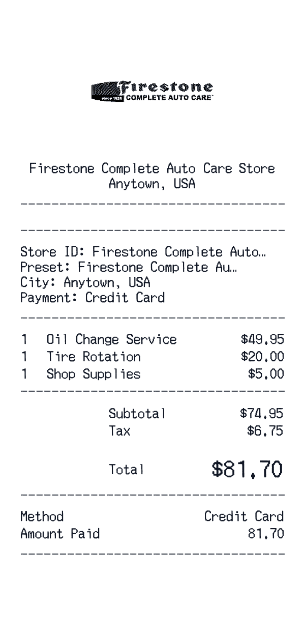 Firestone Complete Auto Care receipt preview