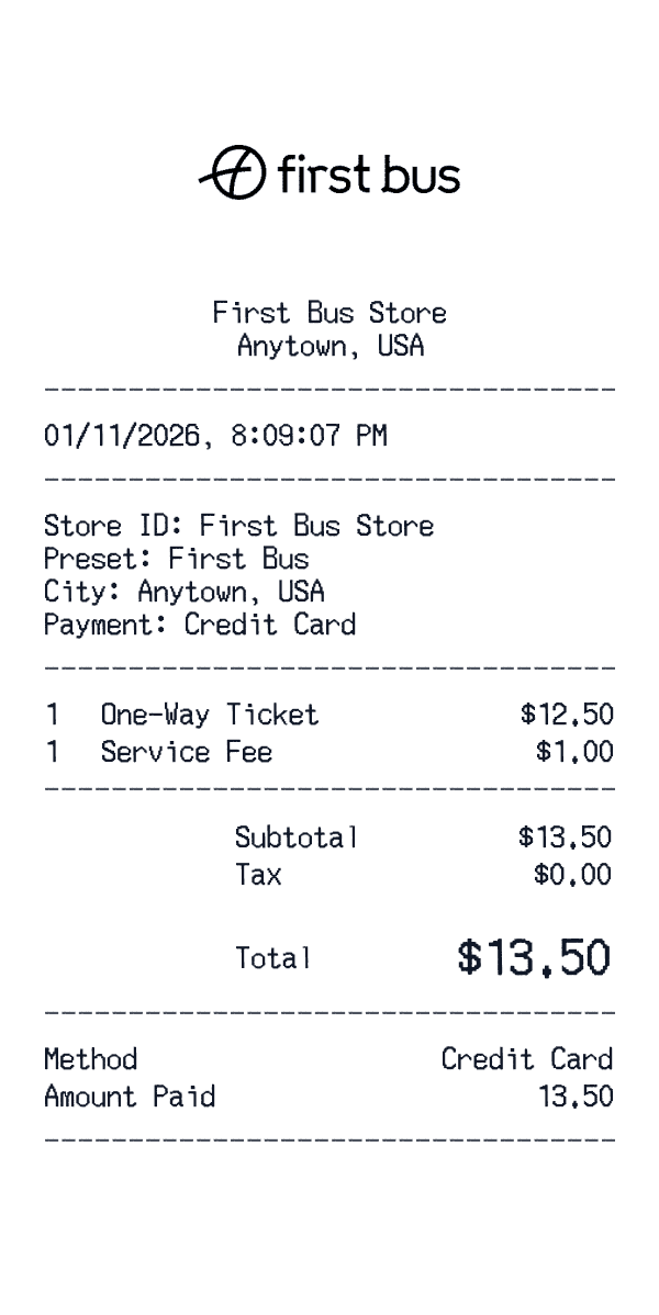 First Bus receipt template example - transportation (bus, rail, tolls) receipt with itemized details, prices, and payment information