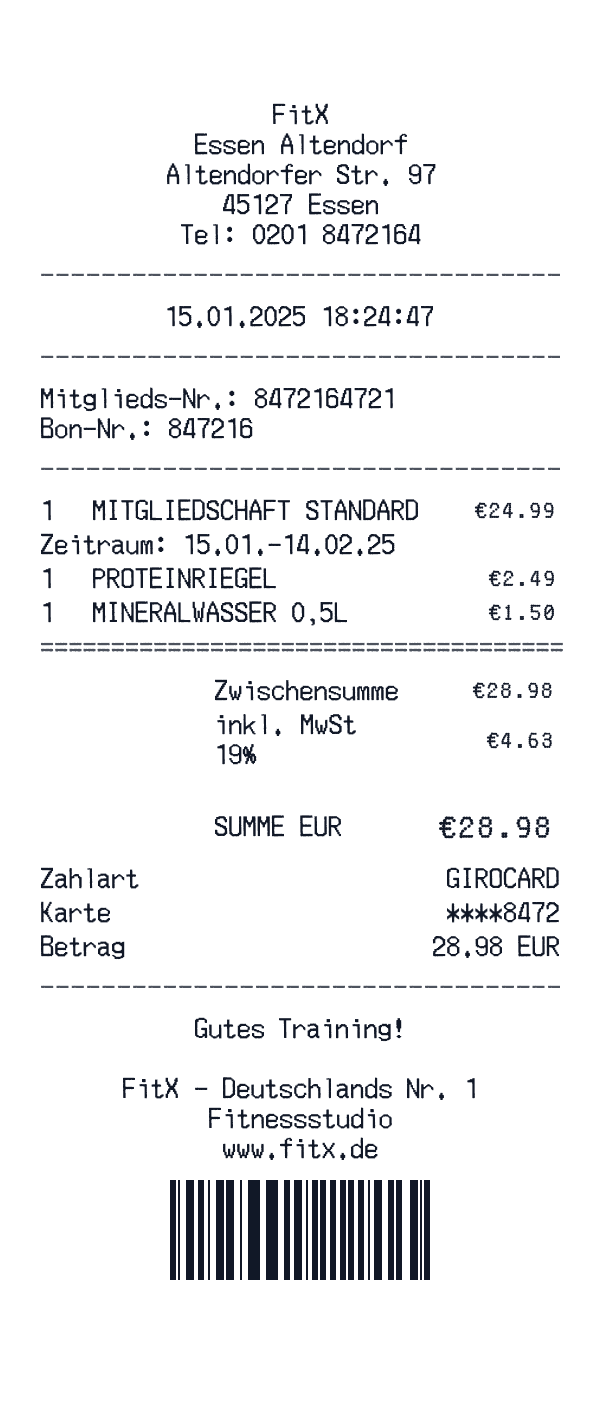 FitX receipt template example - fitness receipt with itemized details, prices, and payment information