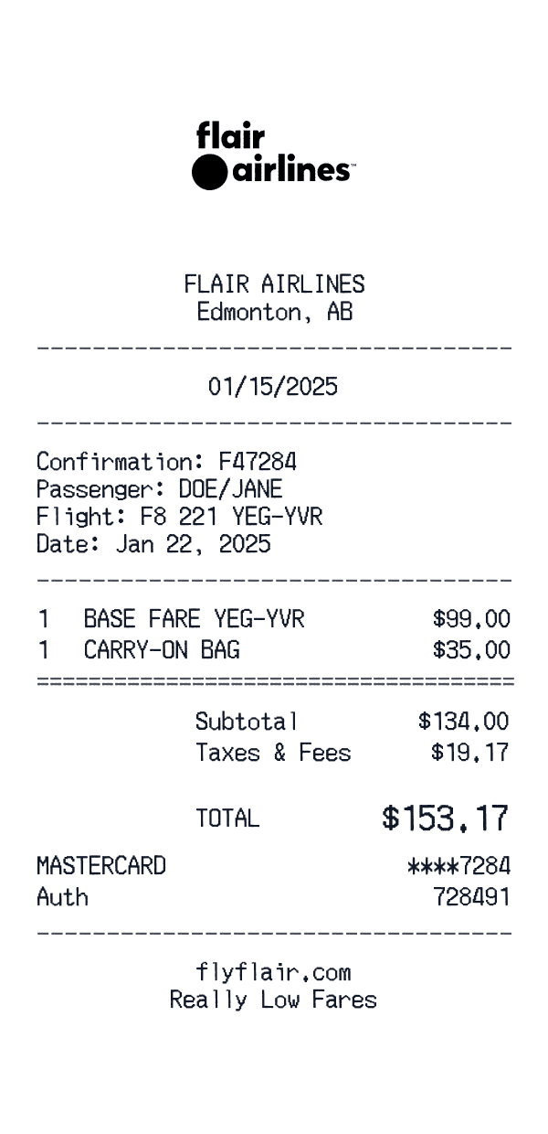 Flair Airlines receipt template example - airlines receipt with itemized details, prices, and payment information
