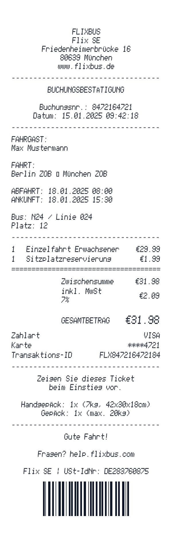 FlixBus receipt template example - transportation receipt with itemized details, prices, and payment information