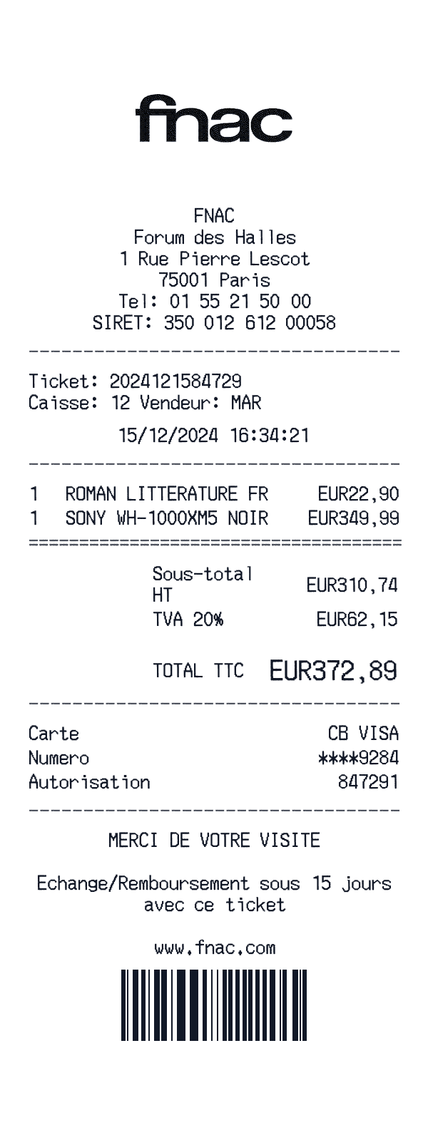 FNAC receipt preview