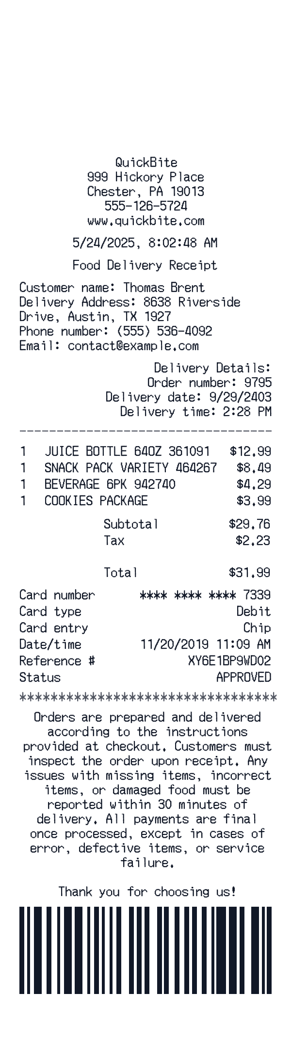 Food Delivery receipt template example