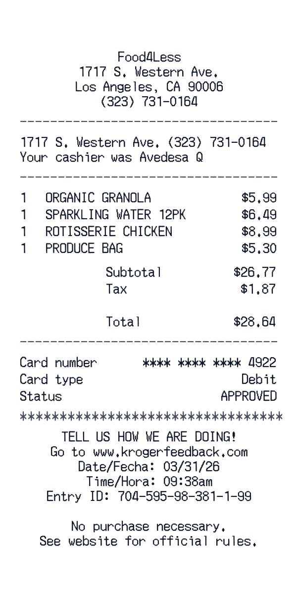 Food4Less receipt template generator preview