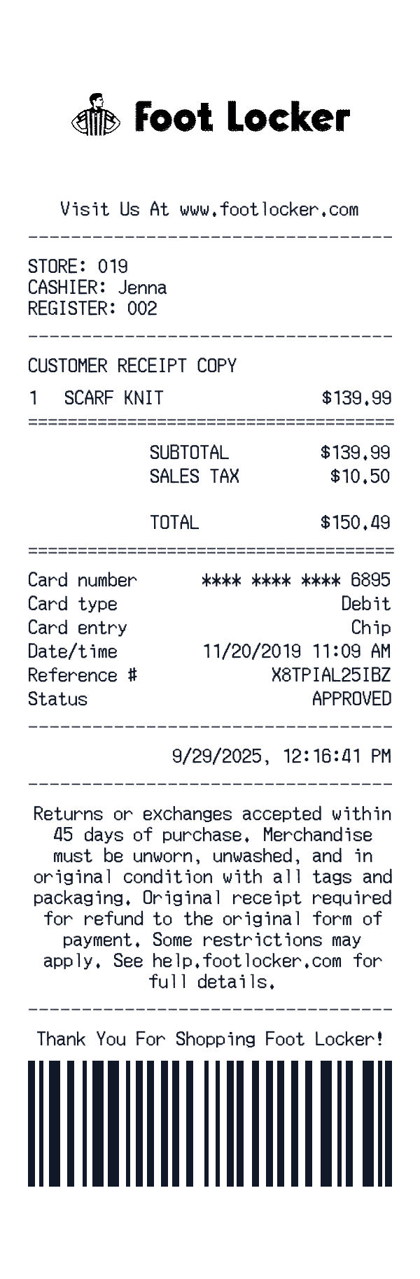Foot Locker receipt preview