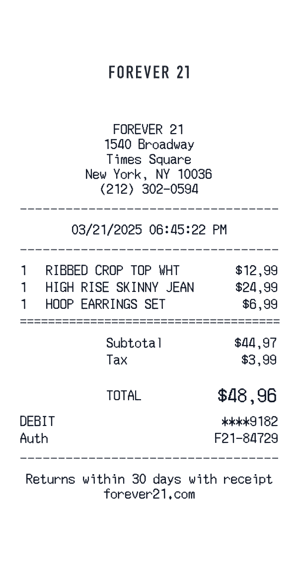 Forever 21 receipt preview