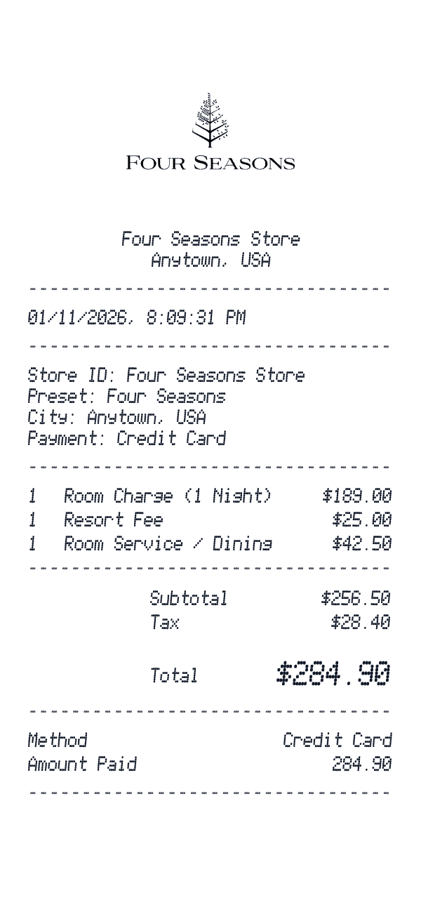 Four Seasons receipt template example - hotel receipt with itemized details, prices, and payment information