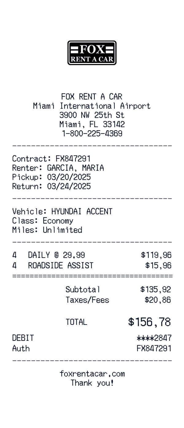 Fox Rent A Car receipt template example