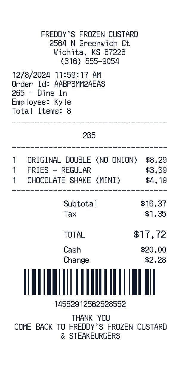 Freddy’s Frozen Custard & Steakburgers receipt template generator preview