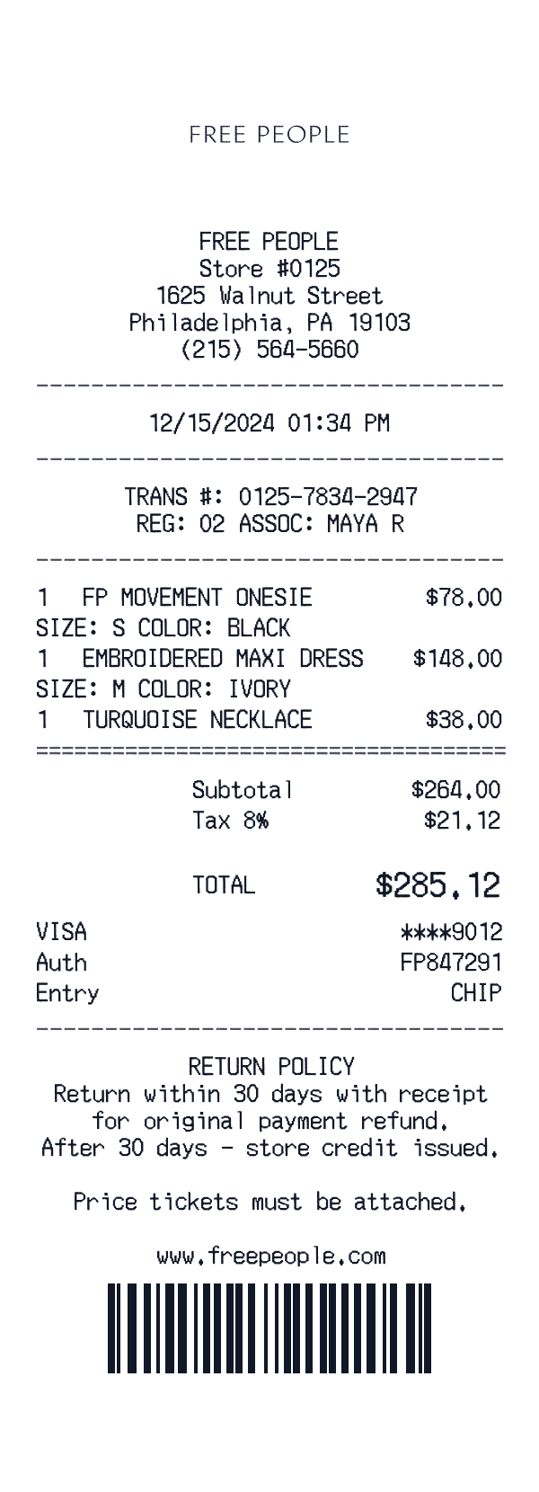 Free People receipt preview