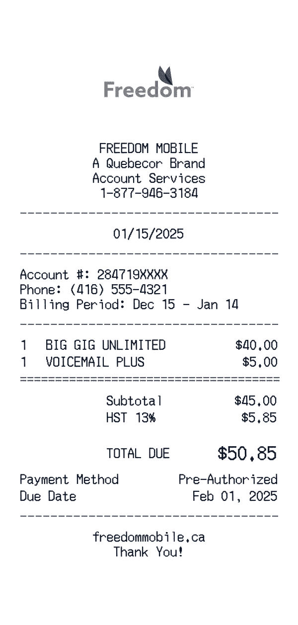 Freedom Mobile receipt template example - other receipt with itemized details, prices, and payment information