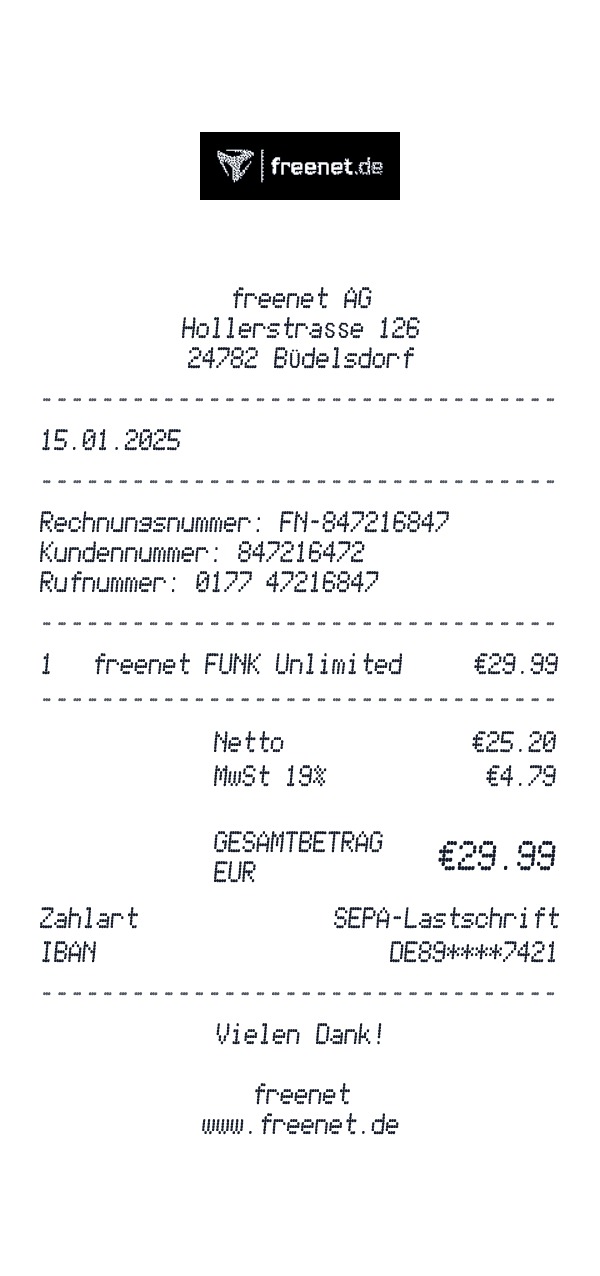 freenet receipt template example - telecom receipt with itemized details, prices, and payment information