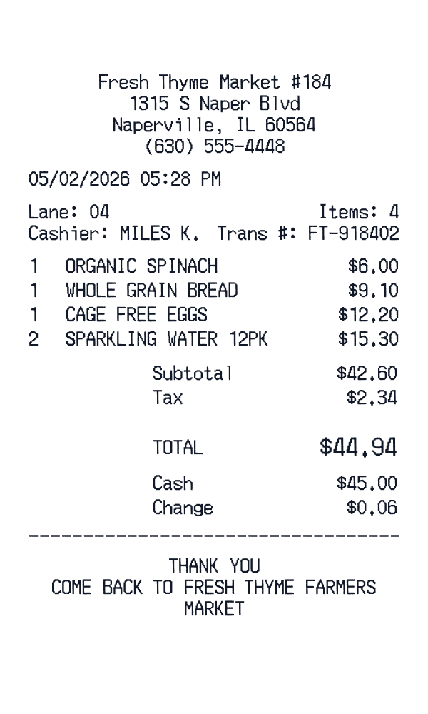 Fresh Thyme Farmers Market receipt template generator preview